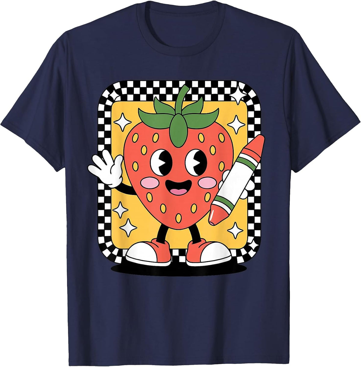 Teacher Vintage Checkered Strawberry Teaching T-Shirt - Navy Blue