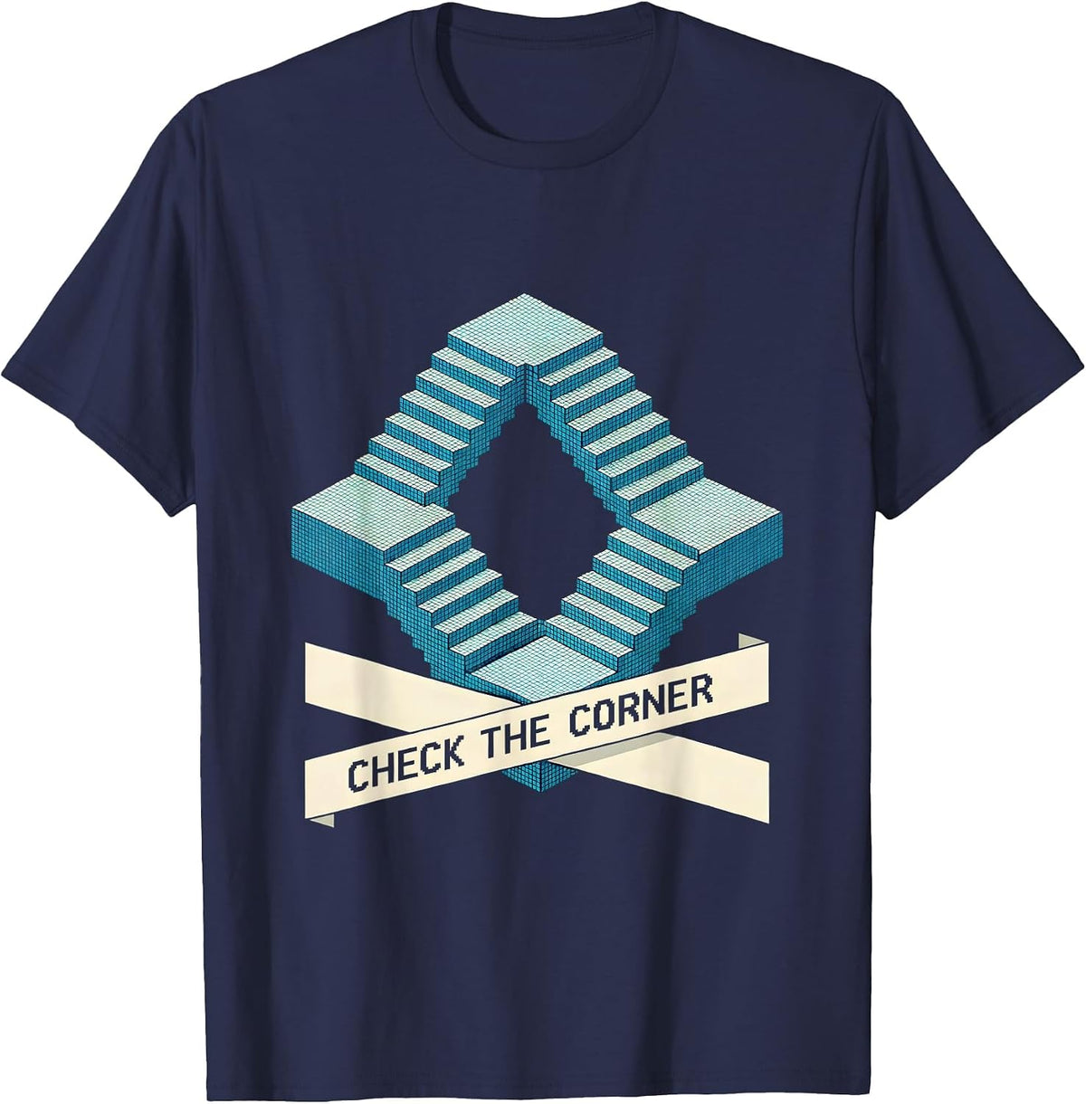 Men's CHECK THE CORNER Pixel Art Optical Illusion Trippy Gift T-Shirt - Navy Blue