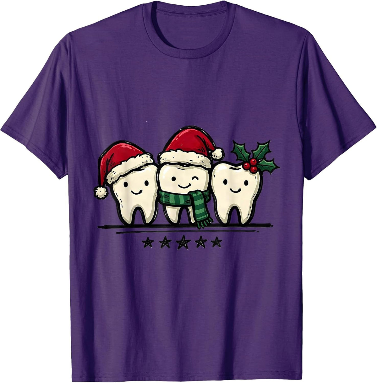 Men's Three Teeth Dental Christmas Staff Humor Crew T-Shirt - Purple