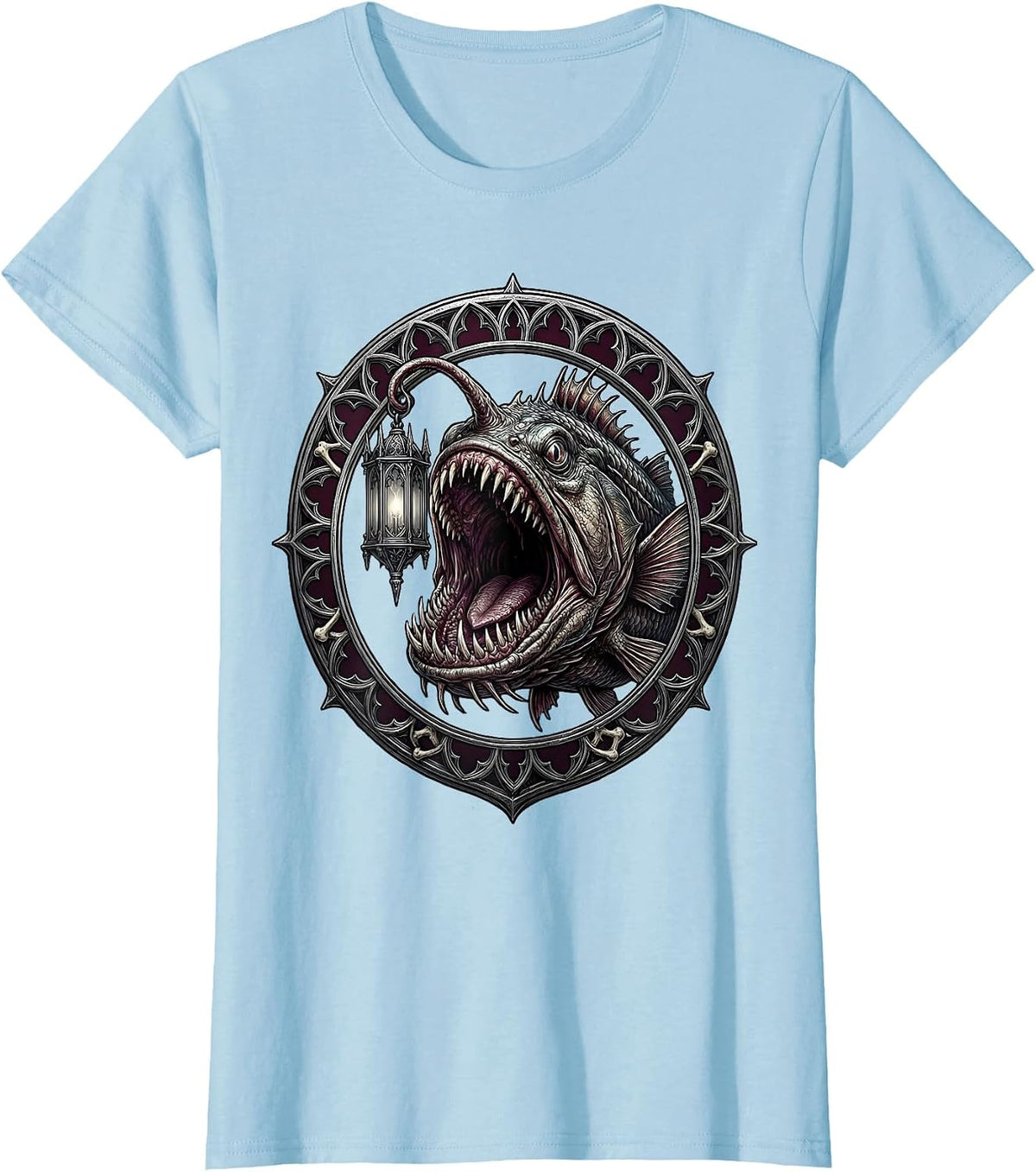 Women's Deep Sea Anglerfish Pirate Darkness Lantern Design T-Shirt - Baby Blue