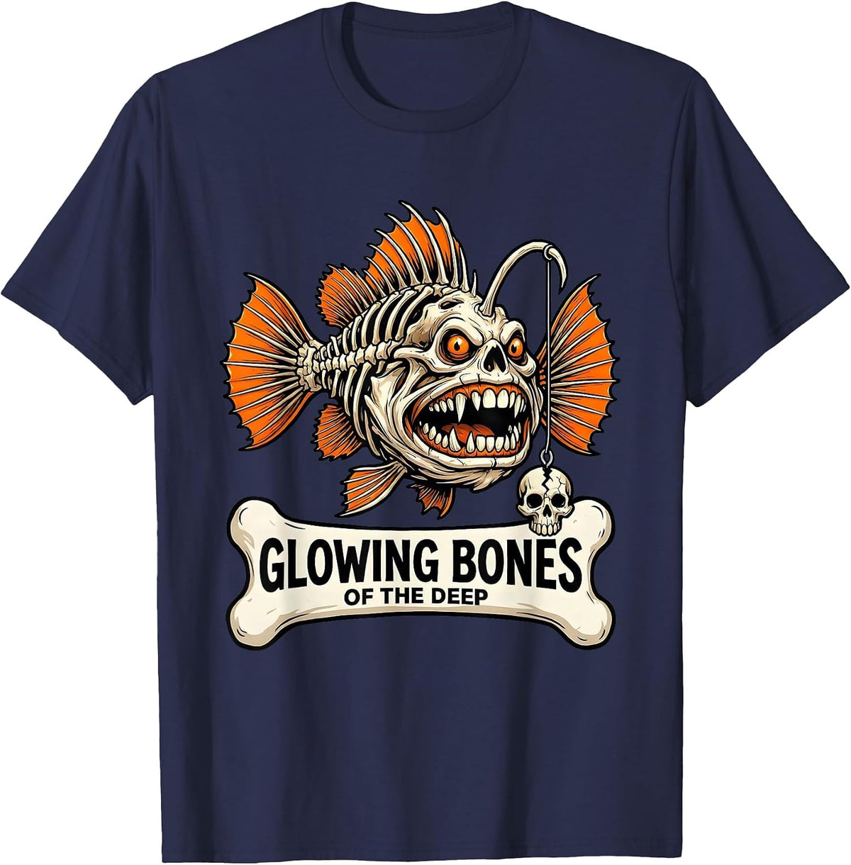Men's Halloween Skeleton Anglerfish Glowing Bones Design T-Shirt - Navy Blue
