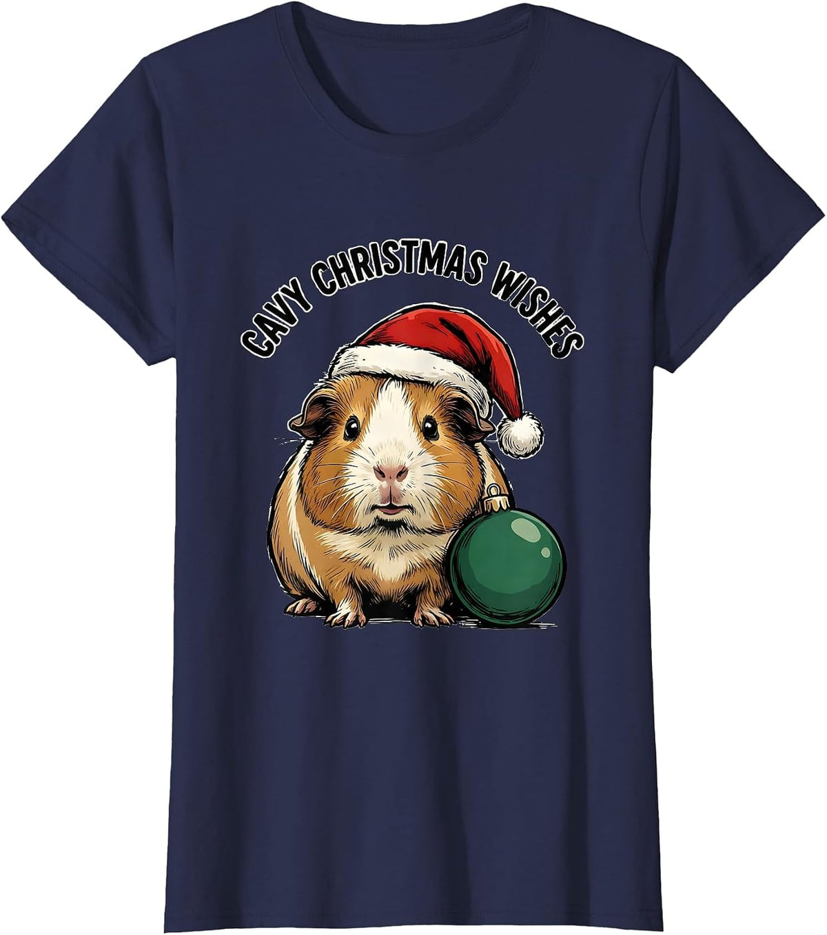 Women's Cavy Christmas Wishes Funny Guinea Pig Santa Hat Holiday T-Shirt - Navy Blue