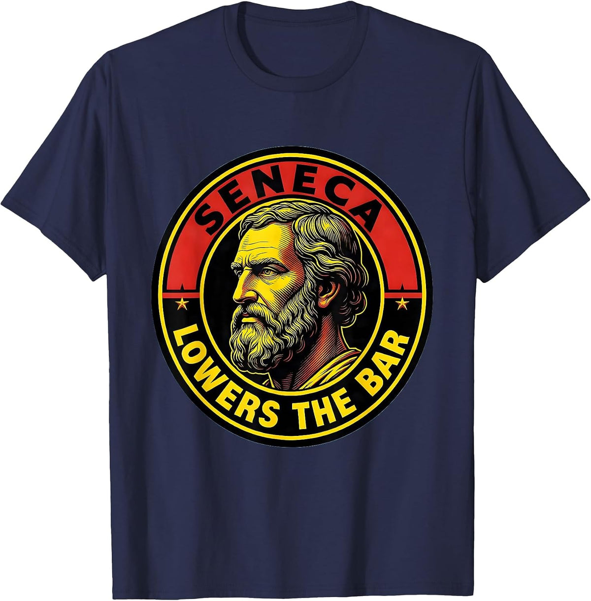 Men's Seneca Lowers The Bar Funny Philosopher Pun History Meme T-Shirt - Navy Blue