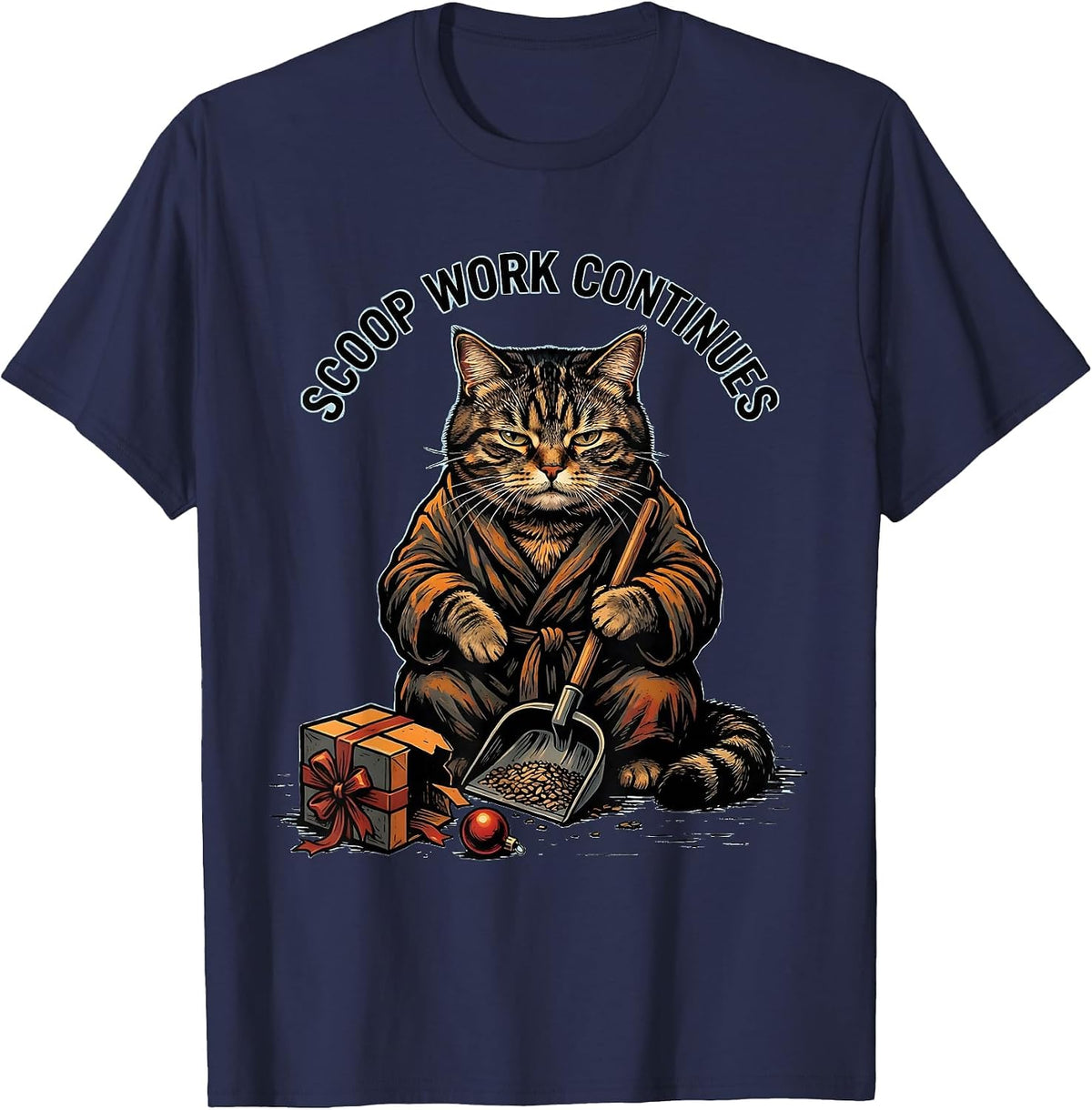 Scoop Work Continues Funny Cat Lover Christmas Grumpy Humor T-Shirt - Navy Blue