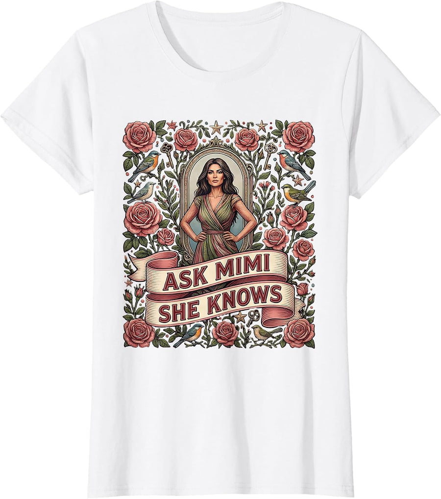 Women's Ask Mimi She Knows Funny Grandma Design T-Shirt - White