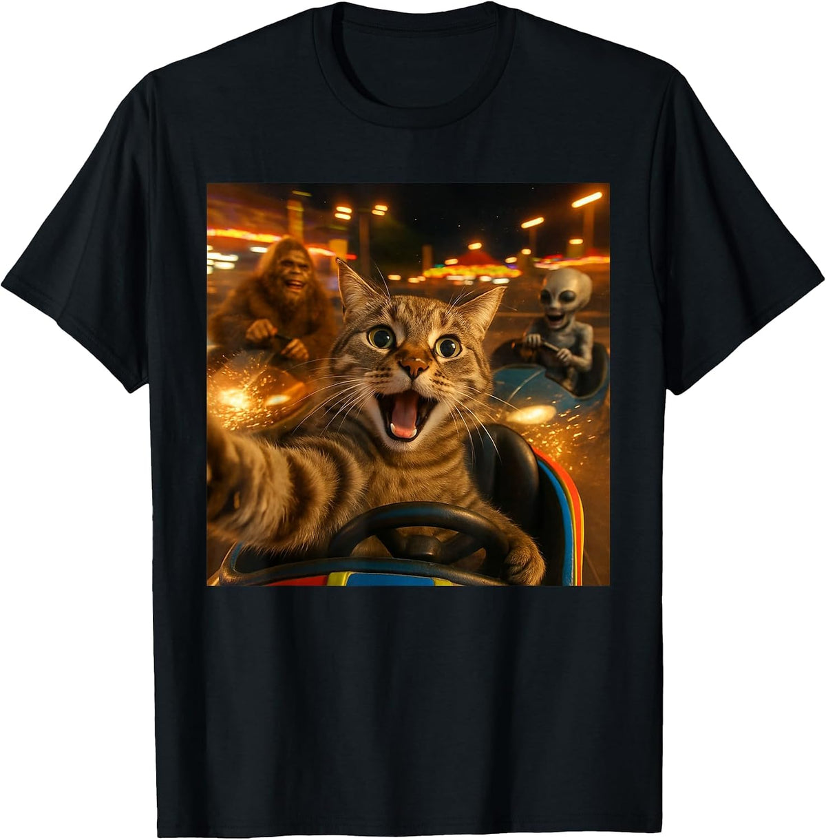 Funny Cat Selfie with Big Foot & Alien Bumper Car Meme T-Shirt - Black