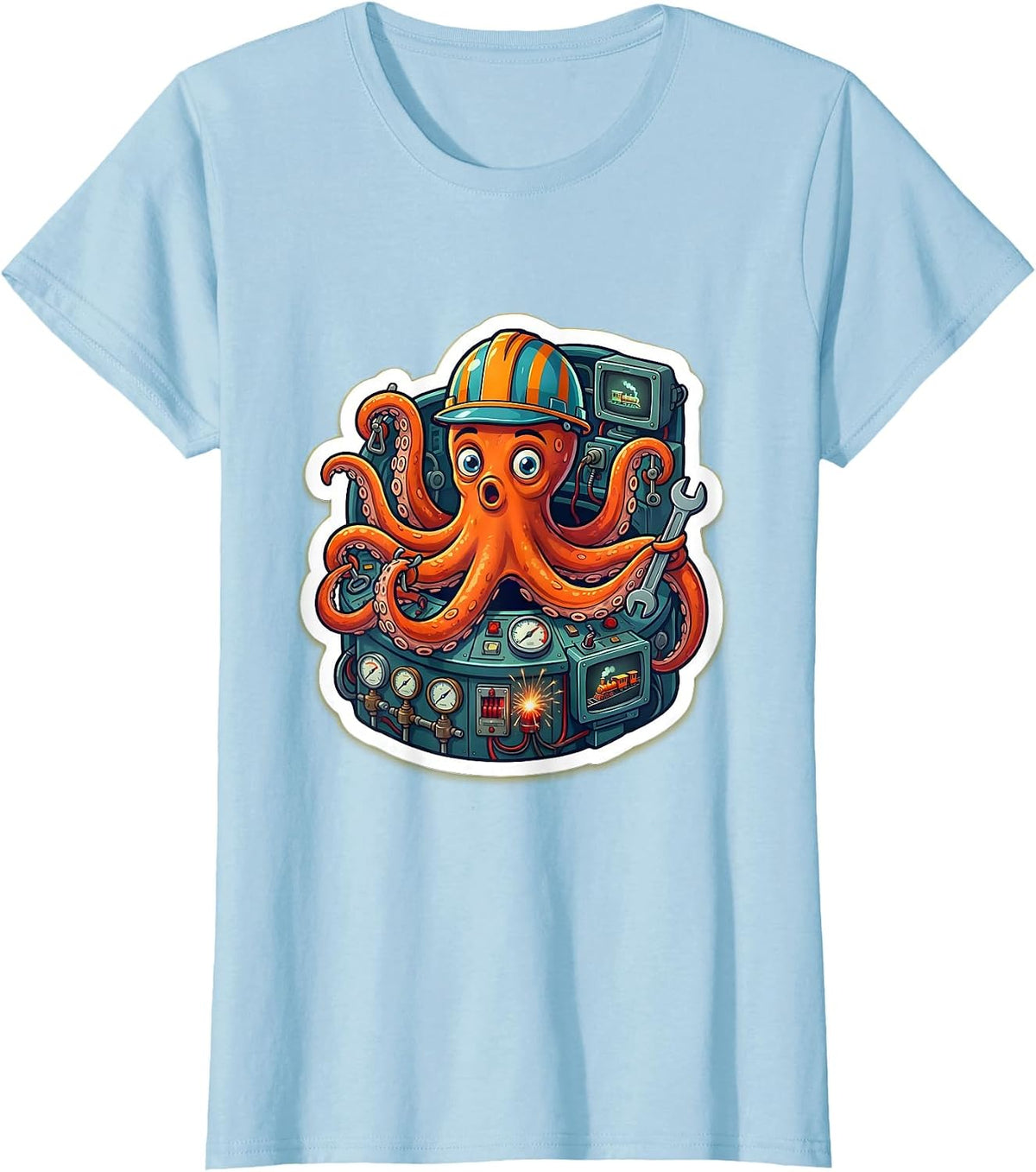 Women's Octopus Engineer Chaos Train Control Room T-Shirt - Baby Blue