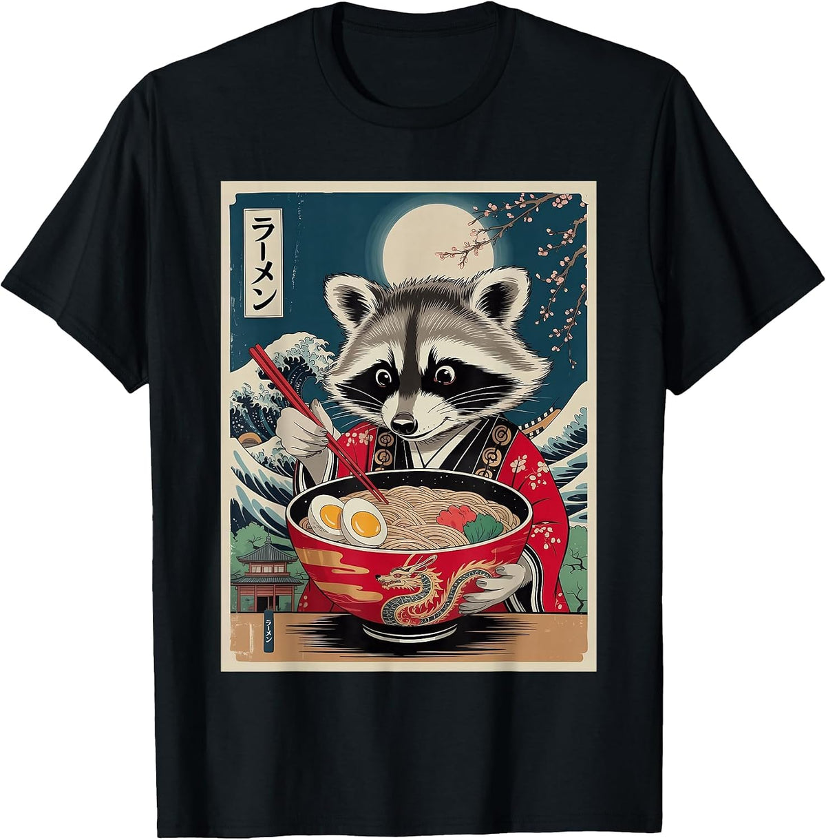 Funny Raccoon Eating Ramen Japanese Noodles Racoon Anime T-Shirt - Black