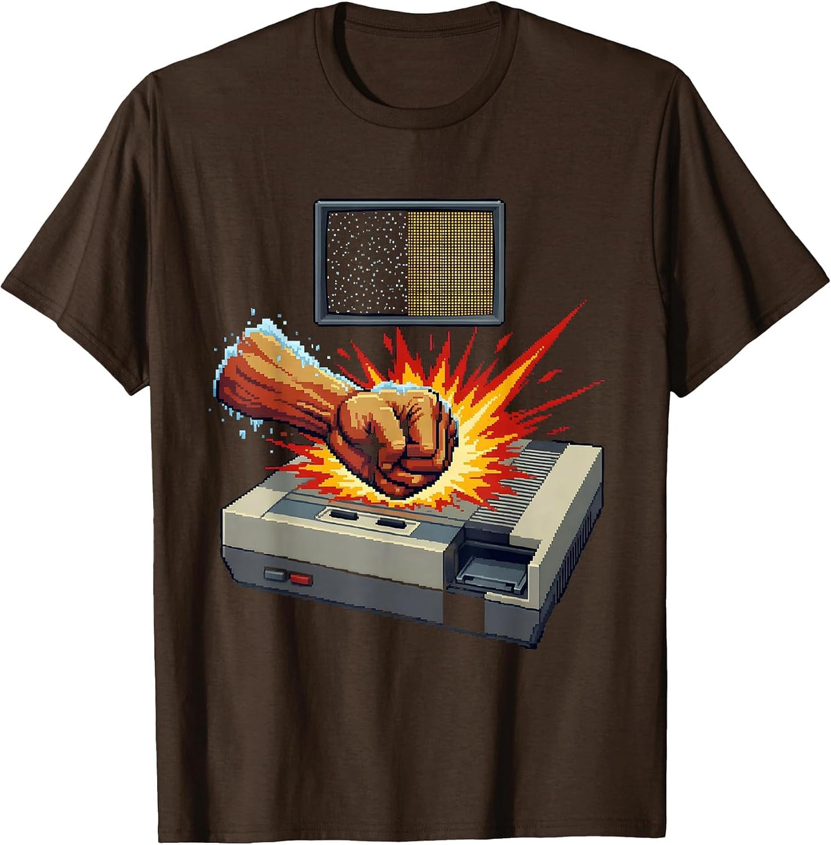 Pixel Art Console Fist Retro Gamer Humor T-Shirt - Brown