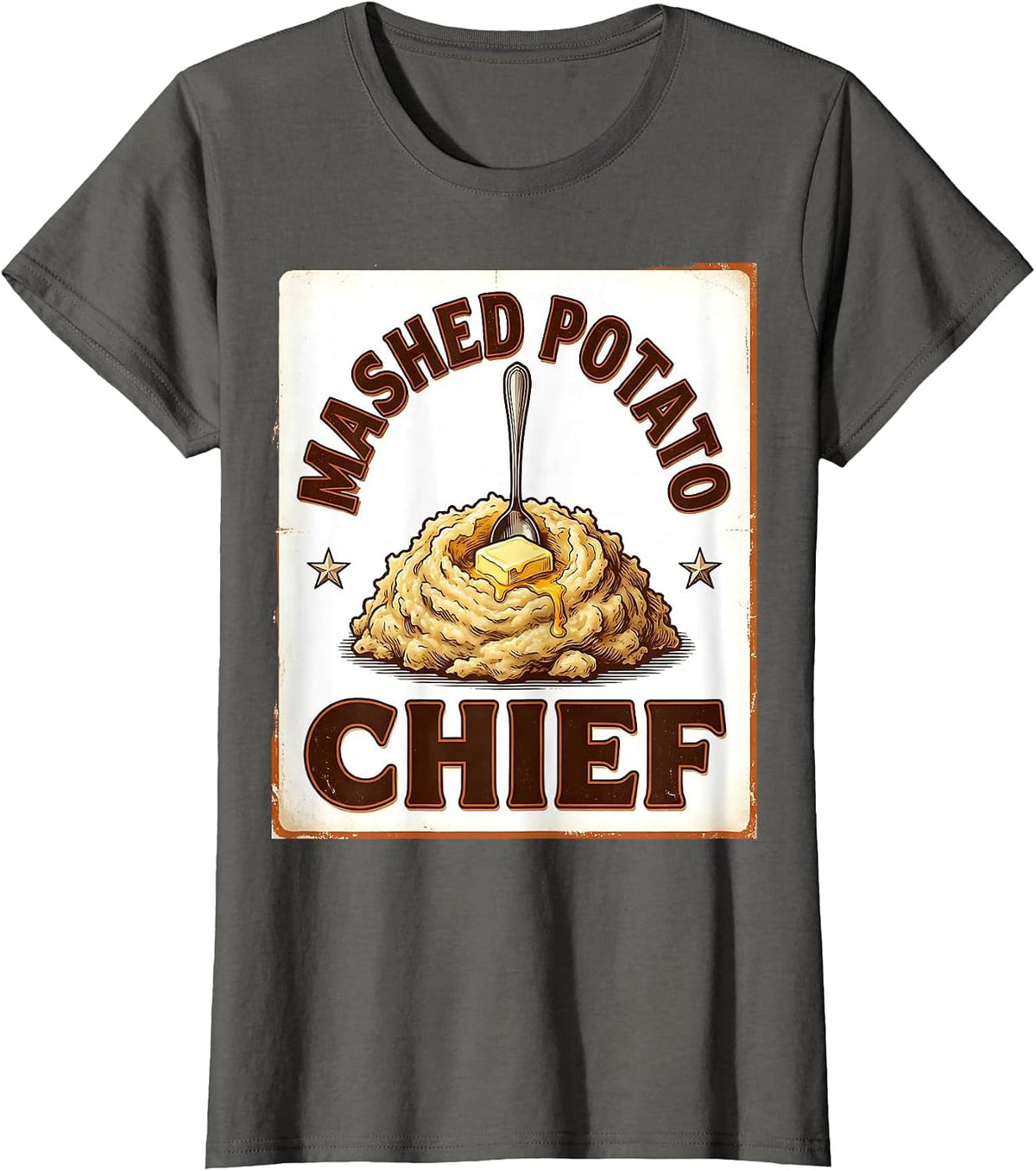 Women's Mashed Potato Chief Vintage Funny Thanksgiving Family T-Shirt - Asphalt Grey