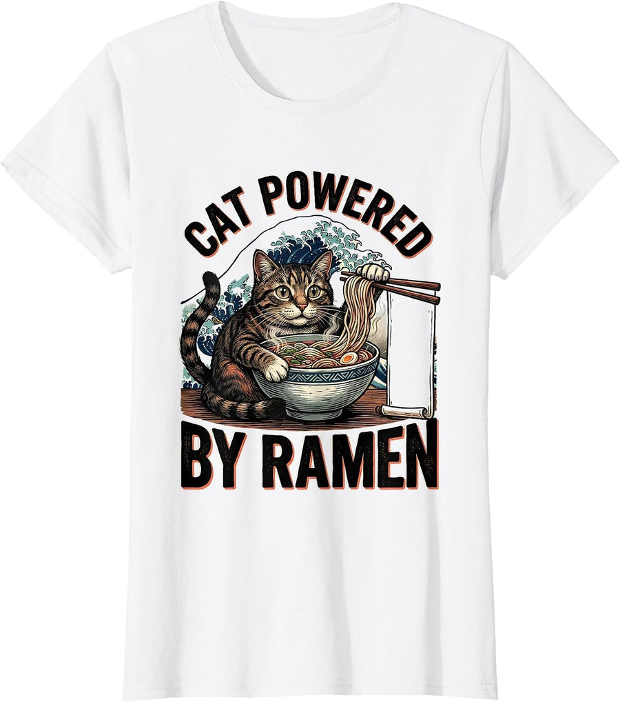 Women's Cat Powered By Ramen Funny Kawaii Anime Cat Gift T-Shirt - White
