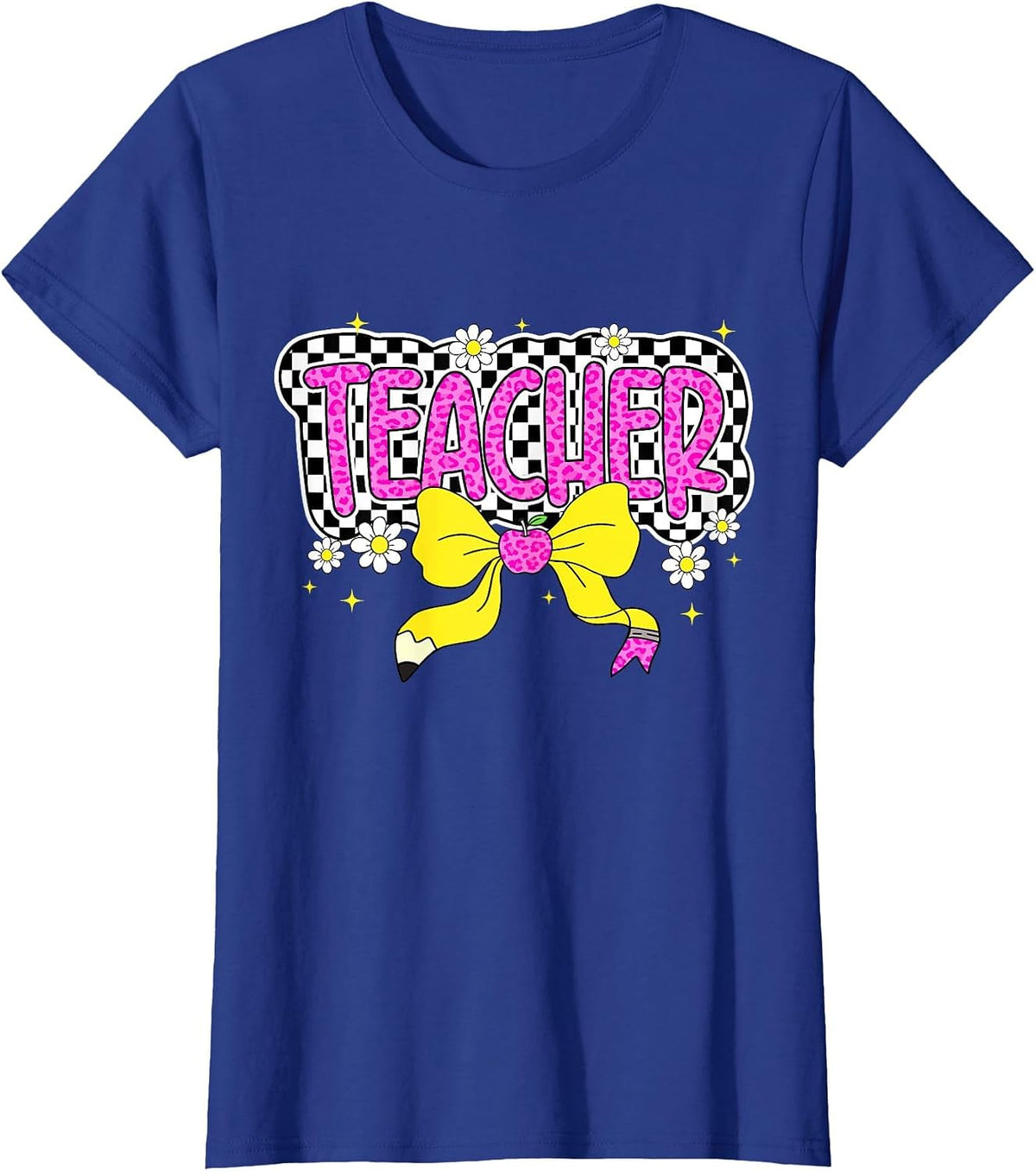 Retro Checkered Pink Bow Teacher Back to School T-Shirt - Royal Blue