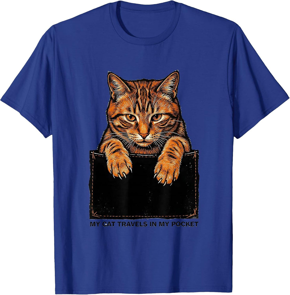 Men's My Cat Travels In My Pocket Playful Cat Lover Linocut T-Shirt - Royal Blue
