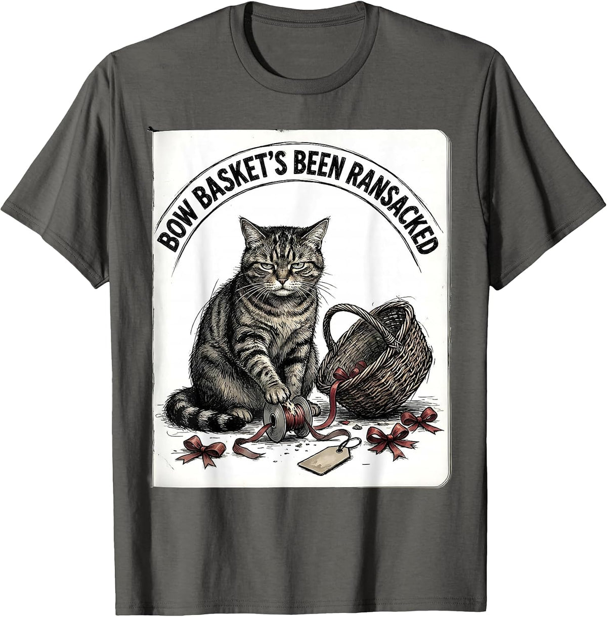 Bow Basket's Been Ransacked Funny Cat Lover Christmas Grumpy T-Shirt - Asphalt Grey