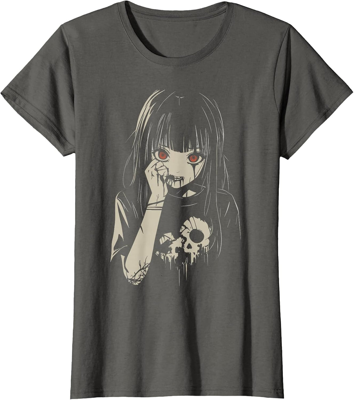 Anime Horror Girl Aesthetic Soft Grunge Waifu Japanese Girl T-Shirt - Asphalt Grey