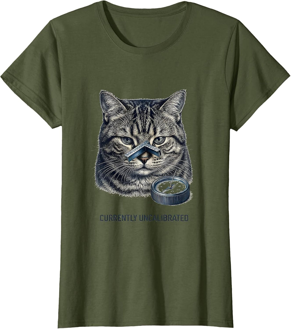 Women's Currently Uncalibrated Botanical Absurdist Cat Meme Parody T-Shirt - Olive Green