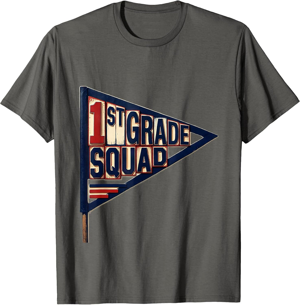 1st Grade Squad Wood Type Letterpress Teacher Crew Back T-Shirt - Asphalt Grey
