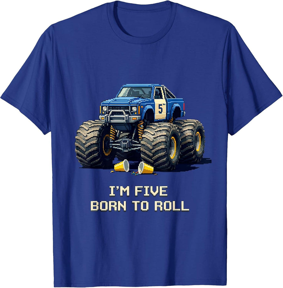 I'm Five, Born To Roll Pixel Art Monster Truck Birthday Boy T-Shirt - Royal Blue