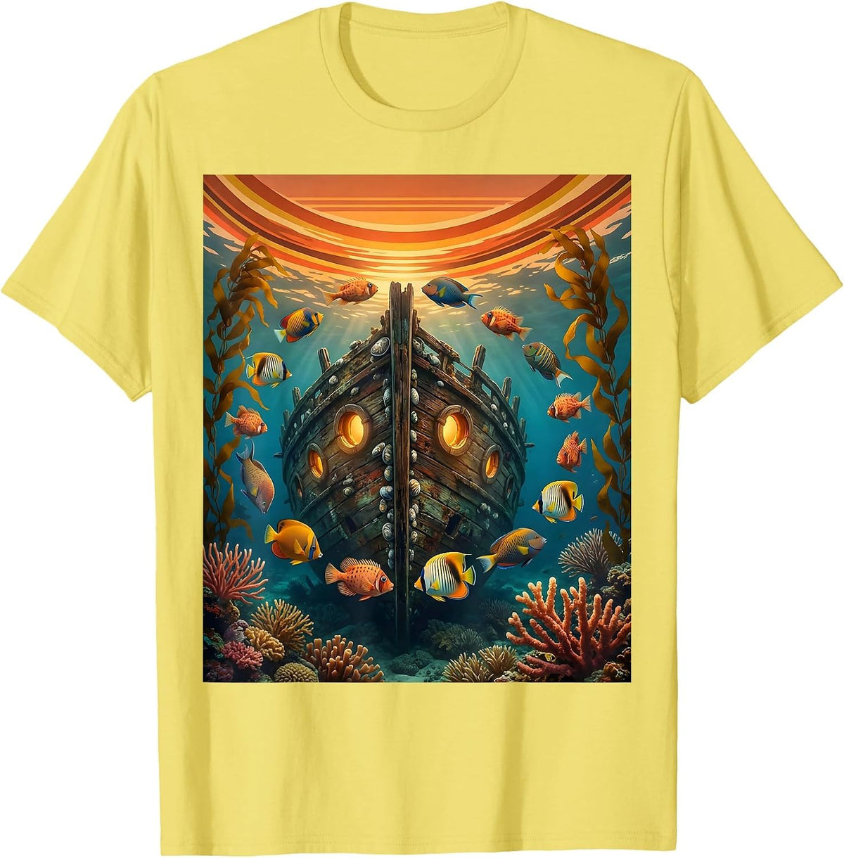 Men's Tropical Fish Sunken Shipwreck Hawaiian Design T-Shirt - Lemon Yellow