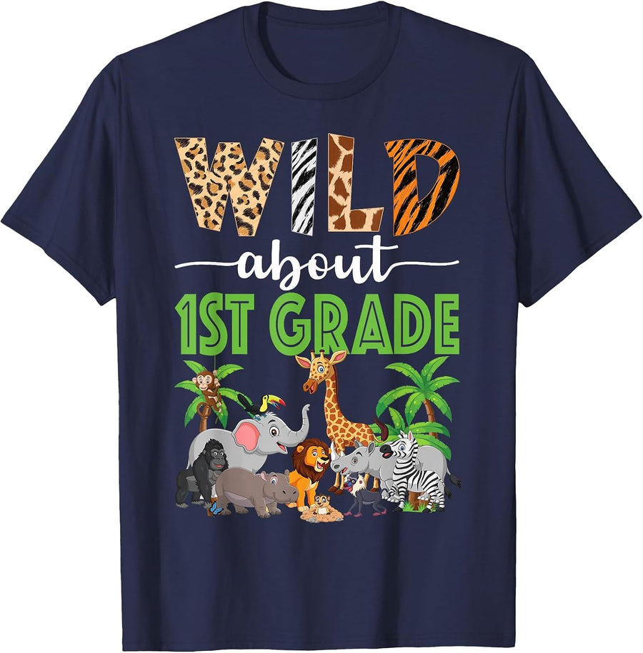 Wild About 1st Grade Teacher Student First Grade Zoo Safari T-Shirt - Navy Blue