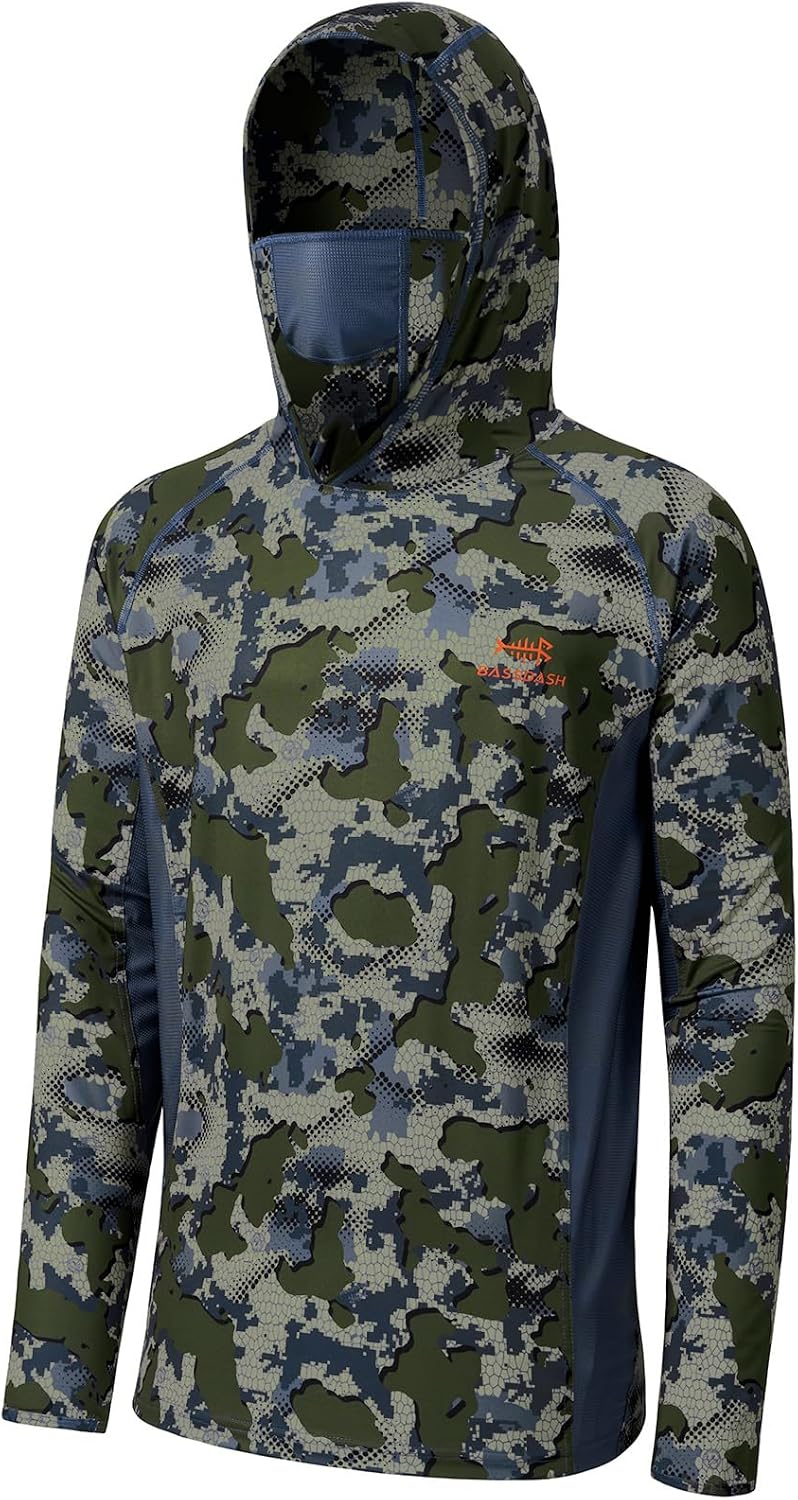 BASSDASH Men's UPF 50+ Camo Long Sleeve Hunting Fishing Hoodie Shirt - Green Vegetation Camo With Ash Blue Mesh