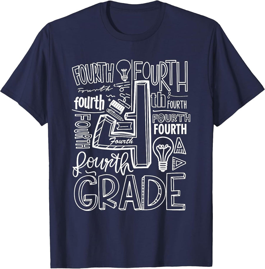 Fourth 4th Grade Typography Back to School T-Shirt - Navy Blue