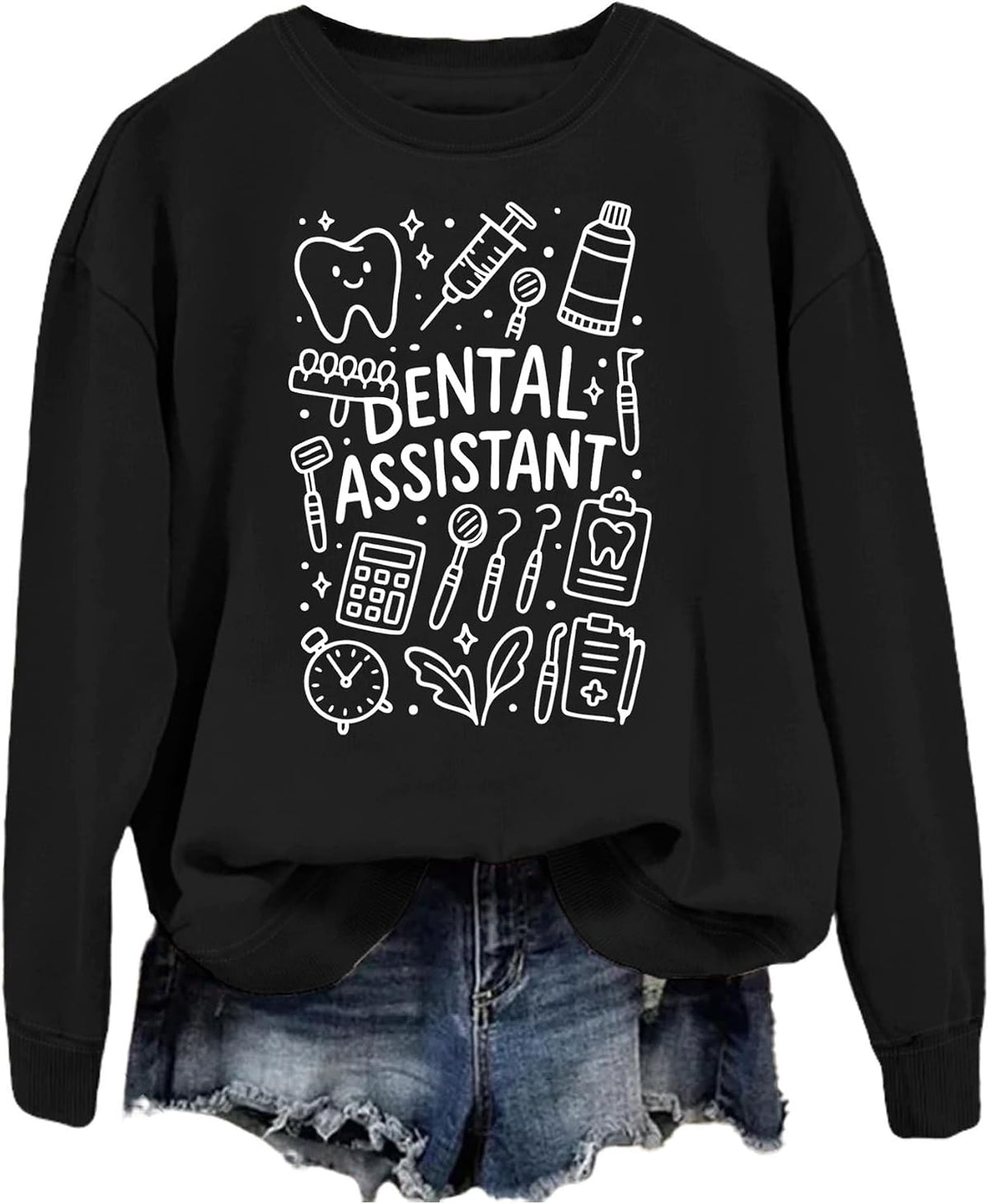 SAUIVD Dental Assistant Sweatshirt for Women Funny Pediatric Dental Hygienist Shirts Long Sleeve Holiday Pullover Tops -