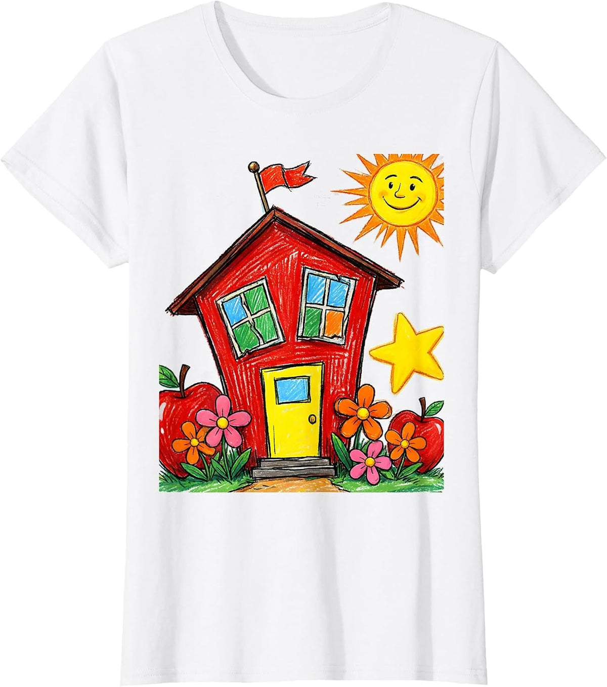 First Grade Teacher Schoolhouse Graphic T-Shirt - White