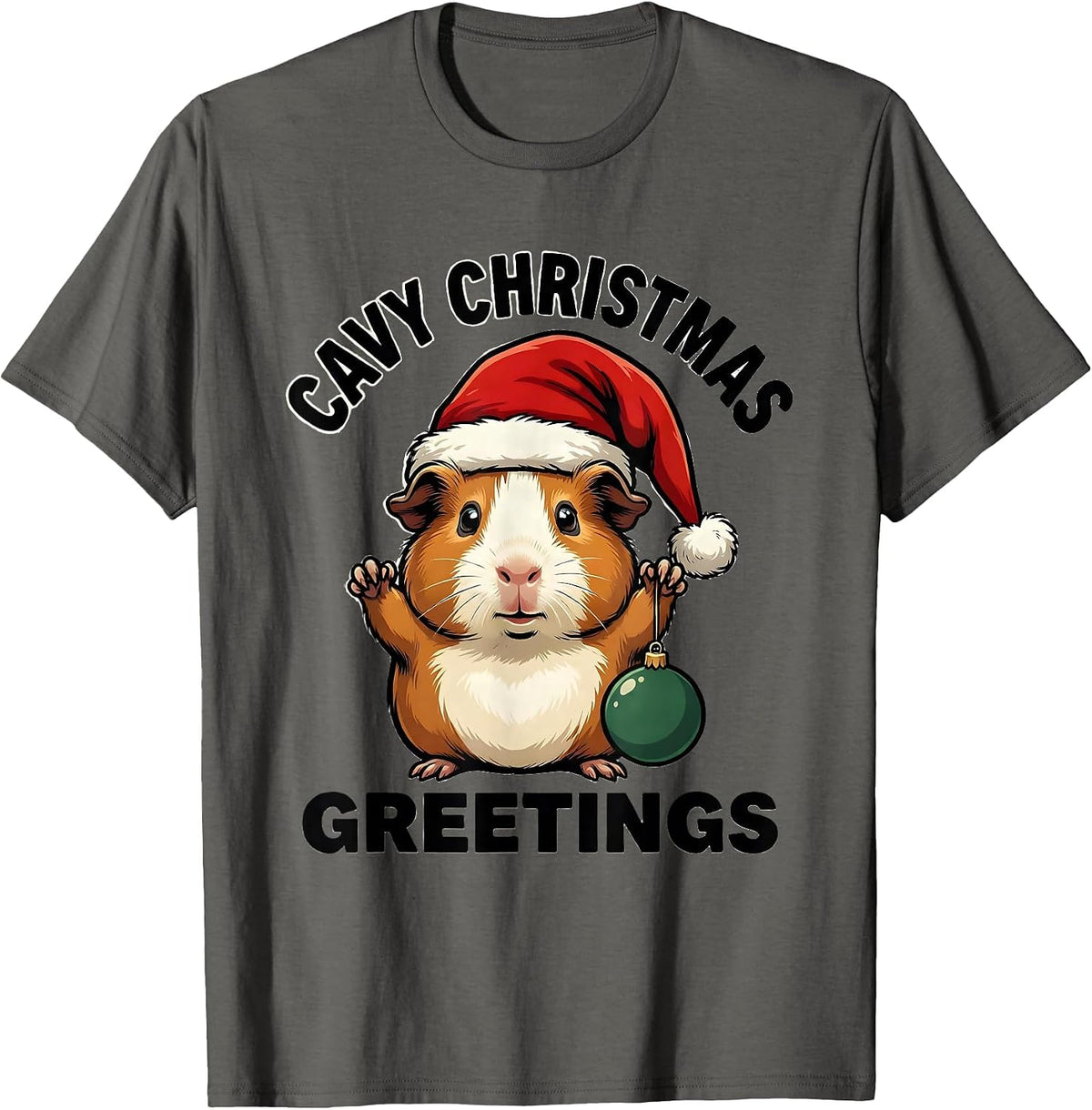 Men's Cavy Christmas Greetings Cartoon Guinea Pig Santa Hat Humor T-Shirt - Asphalt Grey