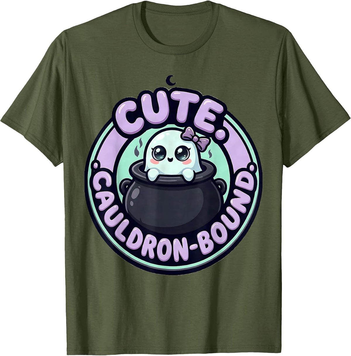 Cute Cauldron-Bound Cartoon Kawaii Pastel Goth Creepy-Cute T-Shirt - Olive Green