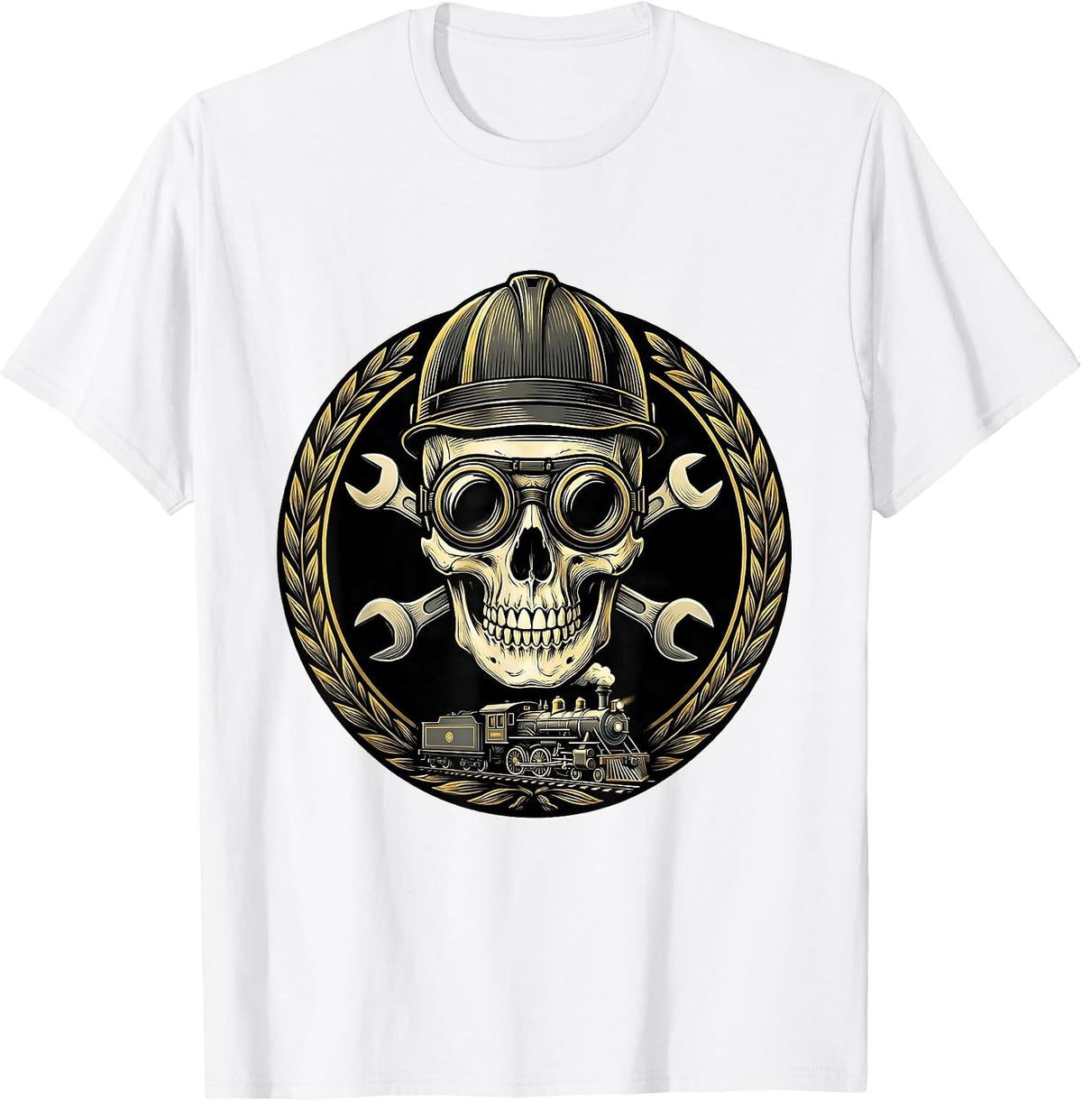 Men's Skull Engineer Cap and Goggles Graphic Tee T-Shirt - White