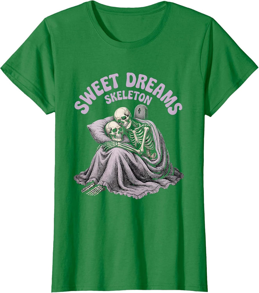 Women's Sweet Dreams Skeleton Horror Goth Alt Alternative Aesthetic T-Shirt - Kelly Green