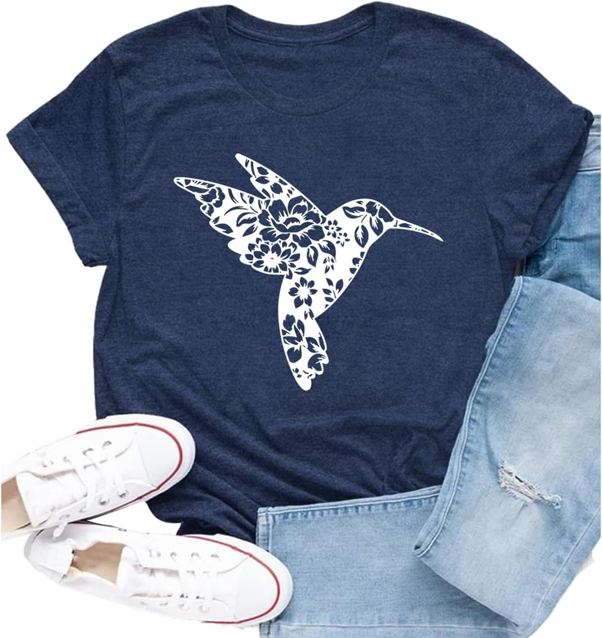 Women Hummingbird Shirt Funny Floral Bird Lover Birdwatching Tee - Blue