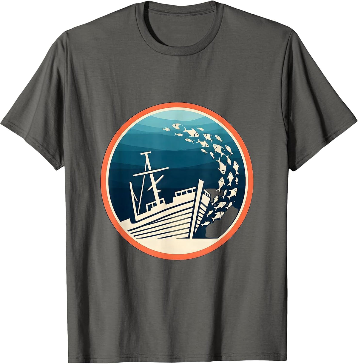 Tropical Fish Sunken Ship Hawaiian Ocean Design T-Shirt - Asphalt Grey
