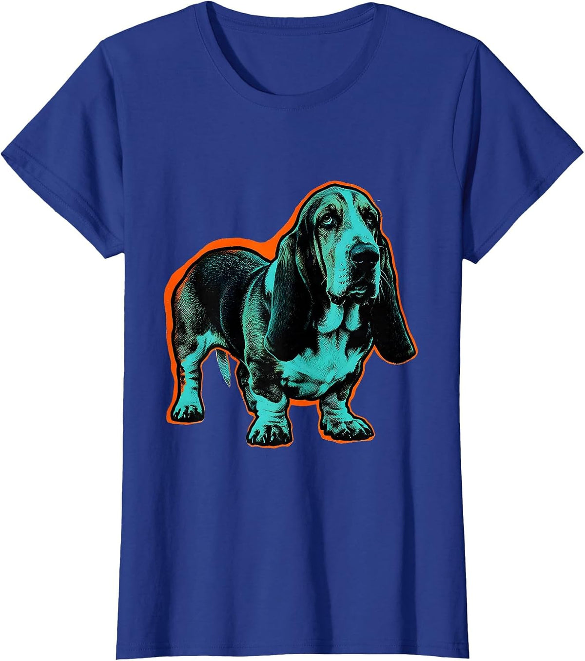 Women's Basset Hound Ghost Pumpkin Risograph Halloween Dog Lover T-Shirt - Royal Blue