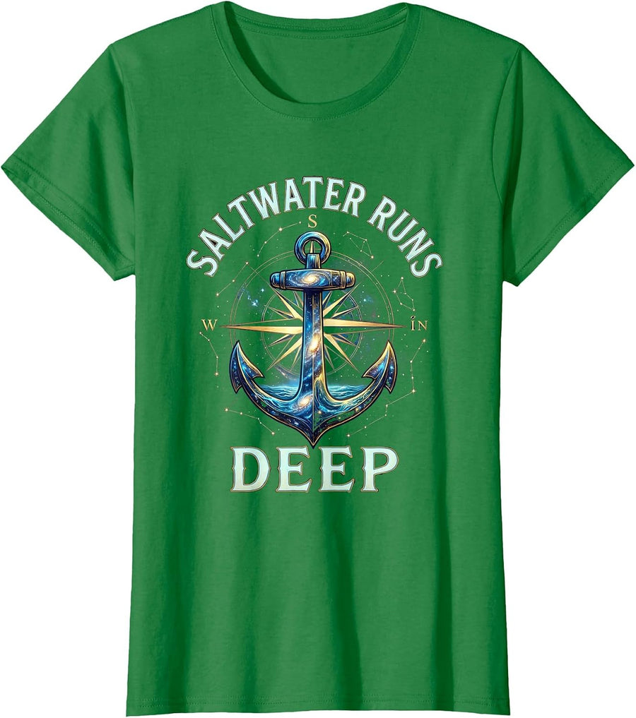 Women's Saltwater Runs Deep Sailor Nautical Design T-Shirt - Kelly Green