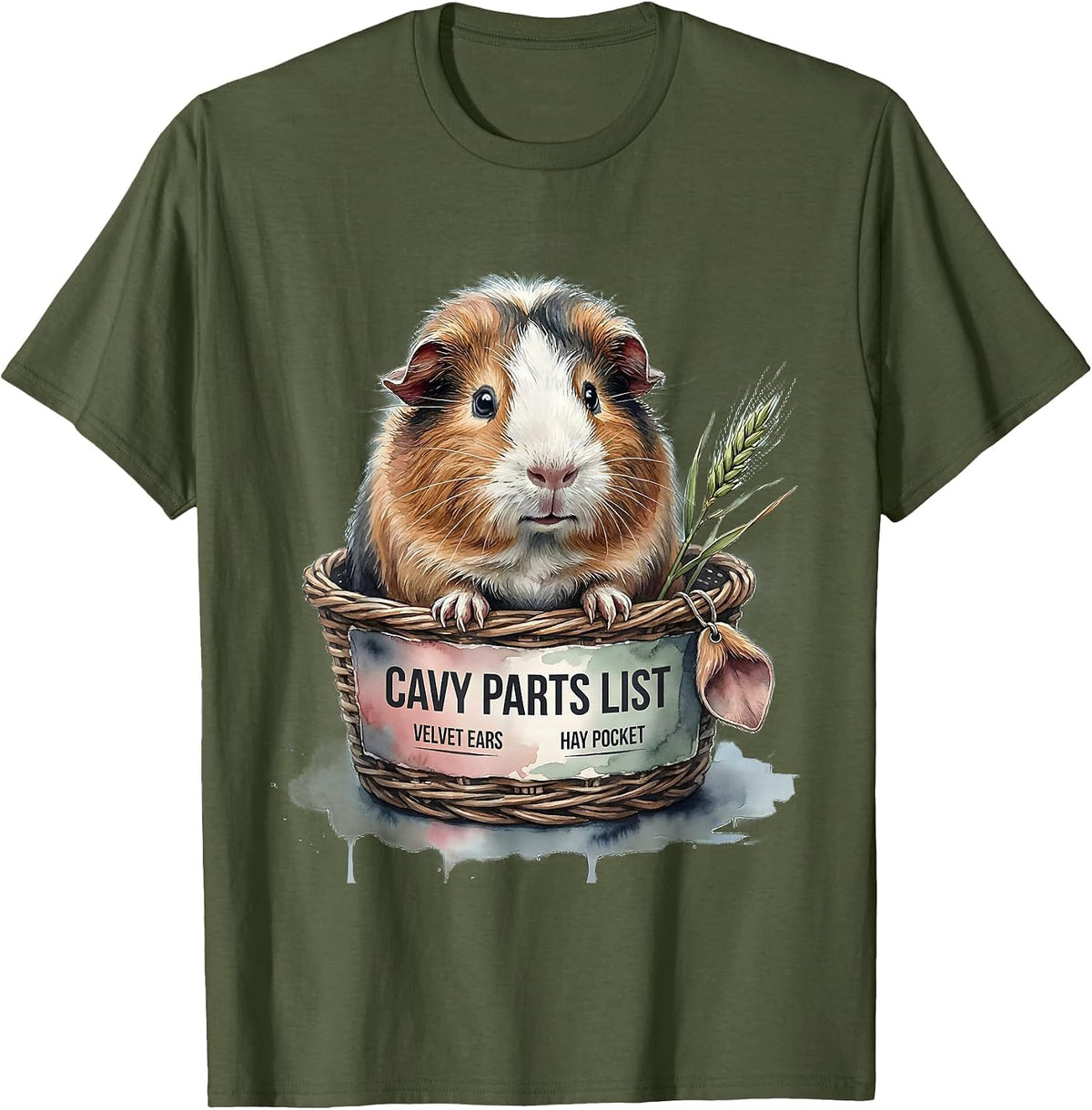 Cavy Parts List: Velvet Ears, Hay Pocket Funny Cavy Lover T-Shirt - Olive Green