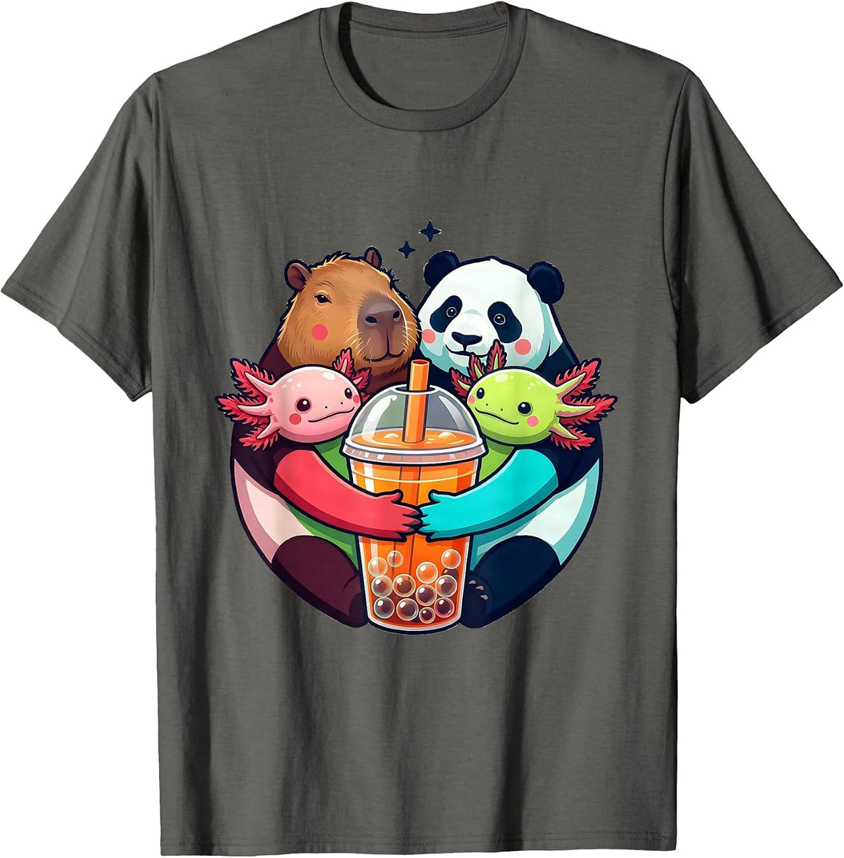 Men's Cute Chibi Capybara Panda Axolotl Boba Tea Kawaii Anime T-Shirt - Asphalt Grey