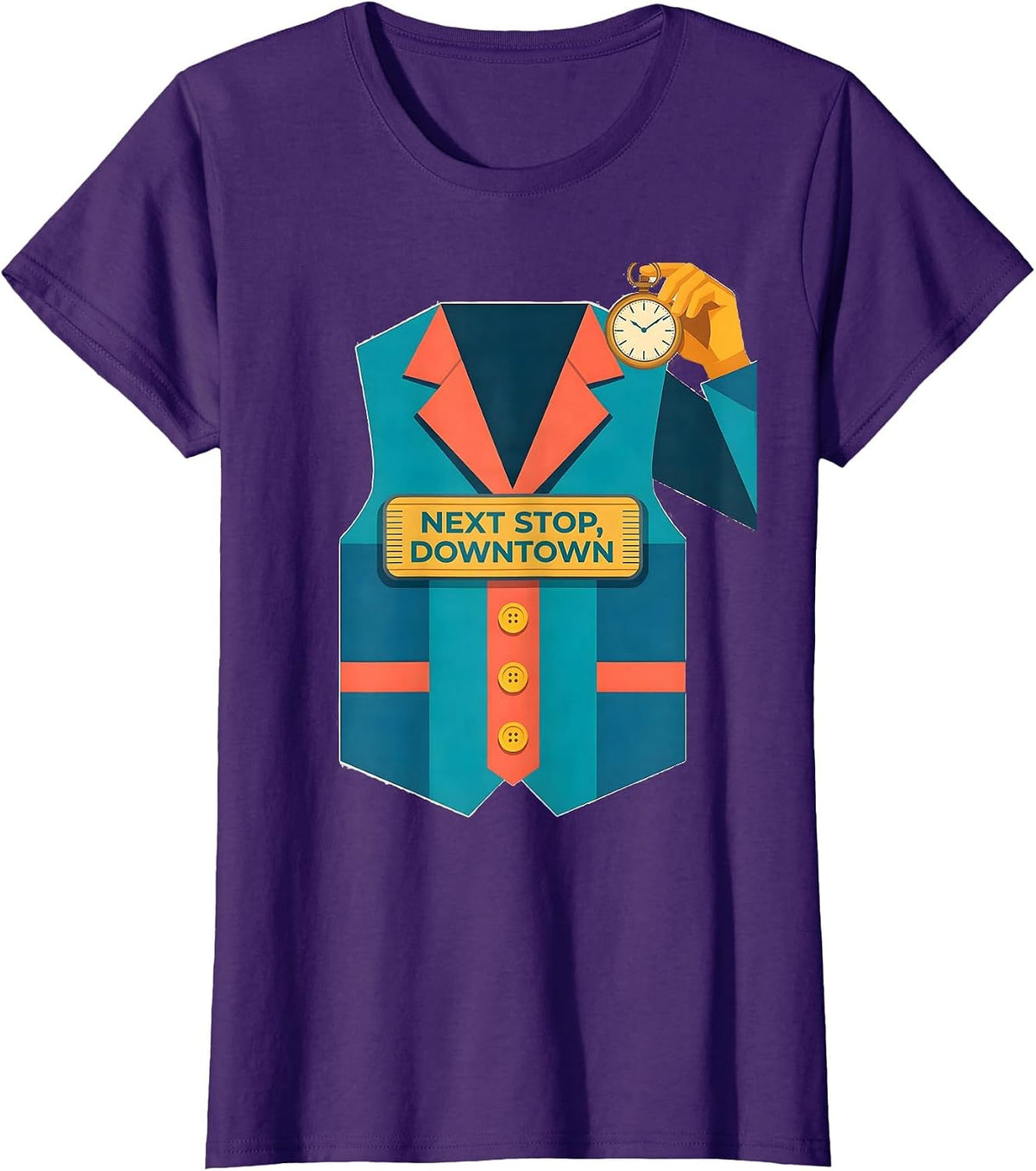 Next Stop, Downtown Flat Vector Halloween Train Conductor T-Shirt - Purple