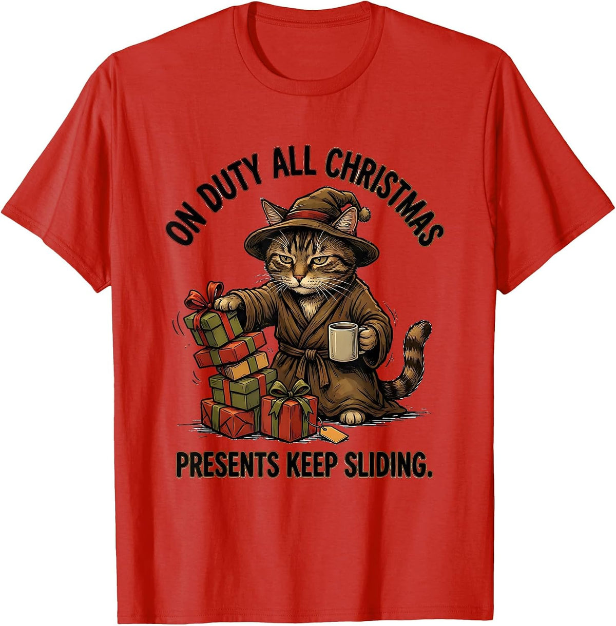 Men's On Duty All Christmas Presents Keep Sliding Funny Cat Lover T-Shirt - Red