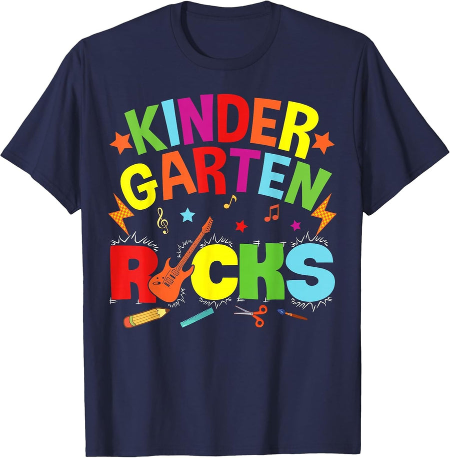 Hello Kindergarten Rocks Teacher Team Vibes Rockstar T-Shirt - Navy Blue