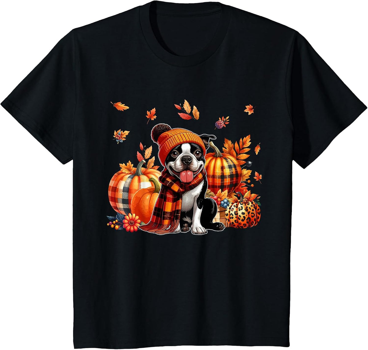 Boston Terrier Thanksgiving Leopard Pumpkins Fall Leaves T-Shirt - Black