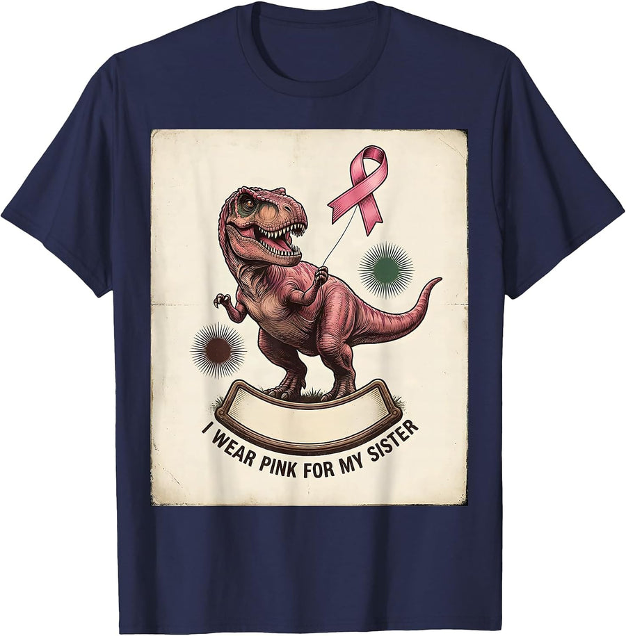 I Wear Pink For My Sister Vintage Dinosaur Family Tribute T-Shirt - Navy Blue