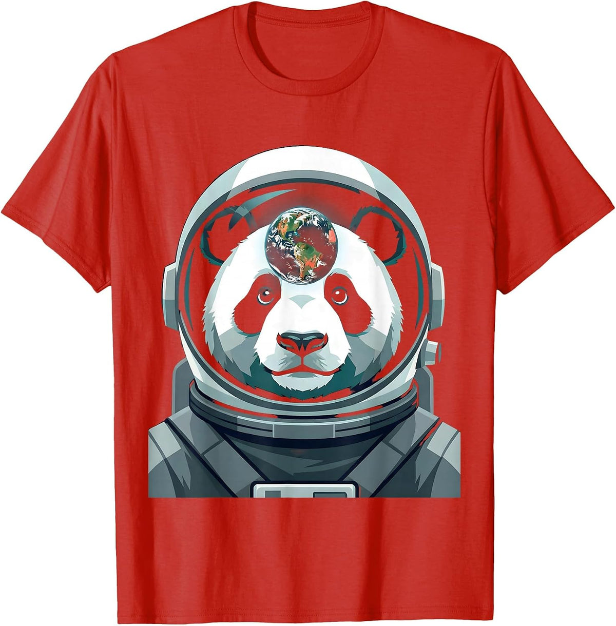 Panda Astronaut Helmet Earth Reflection Space Art T-Shirt - Red