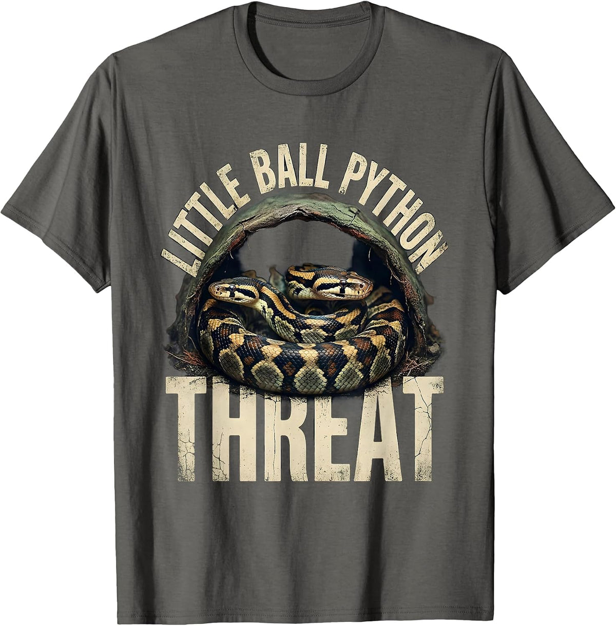 Men's Little Ball Python Threat Distressed Snake Owner Reptile T-Shirt - Asphalt Grey