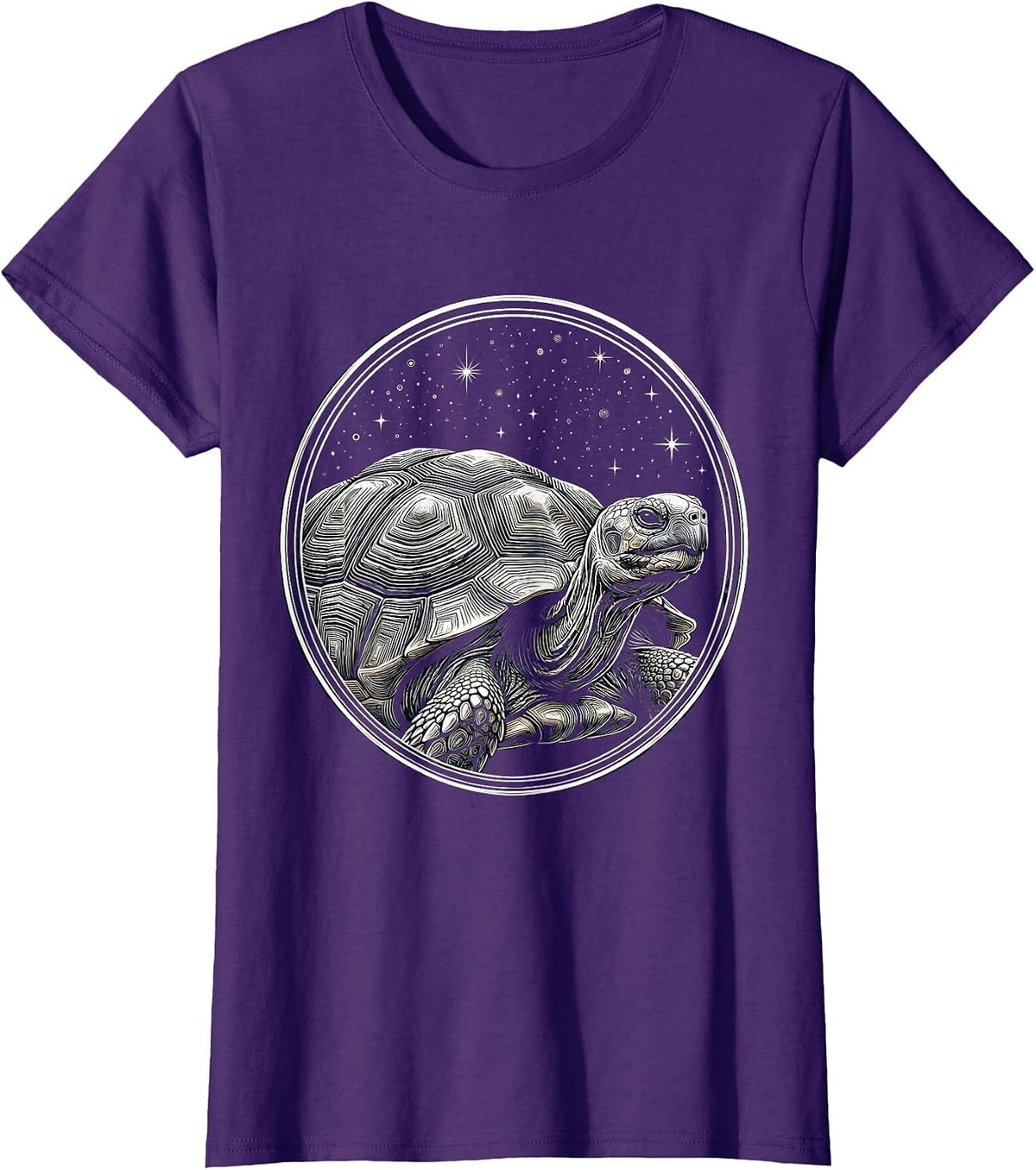 Women's Ancient Tortoise Starry Night Sky Illustration T-Shirt - Purple