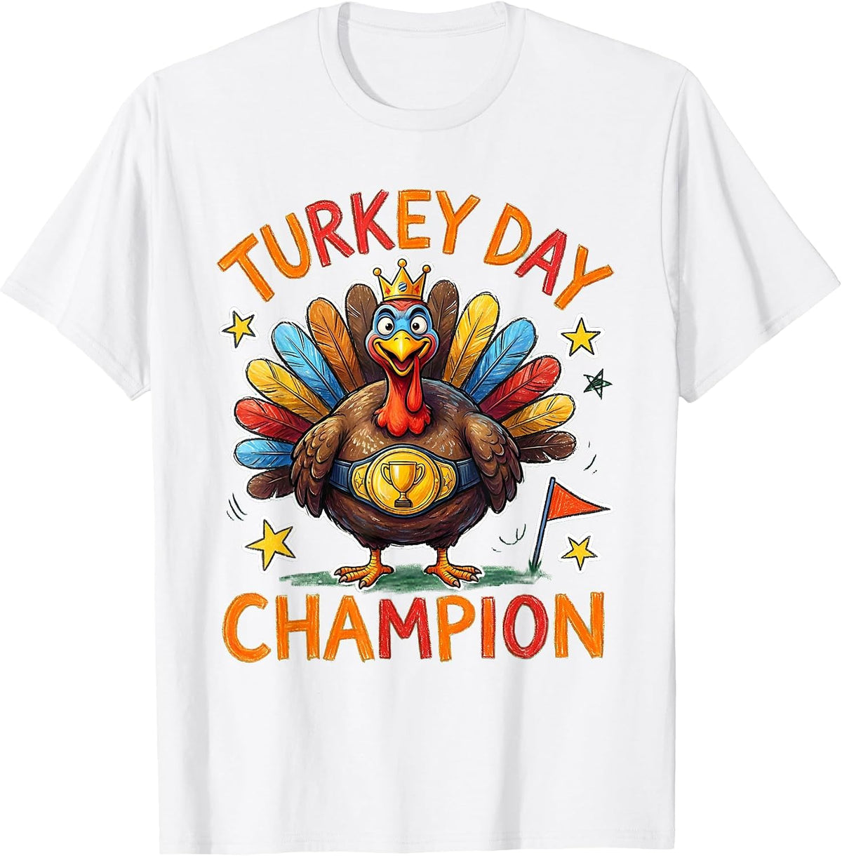Men's Boys Turkey Day Champion Thanksgiving Design T-Shirt - White