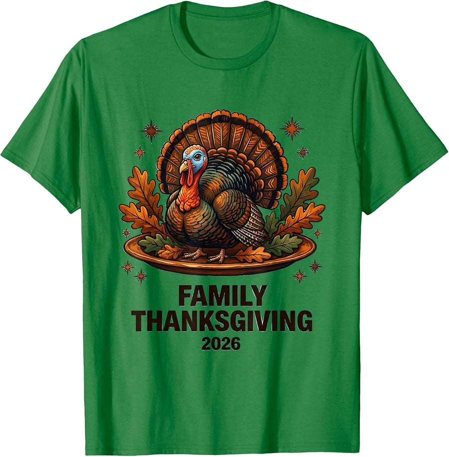Men's Family Thanksgiving 2026 Folk Art Turkey Matching Crew T-Shirt - Kelly Green