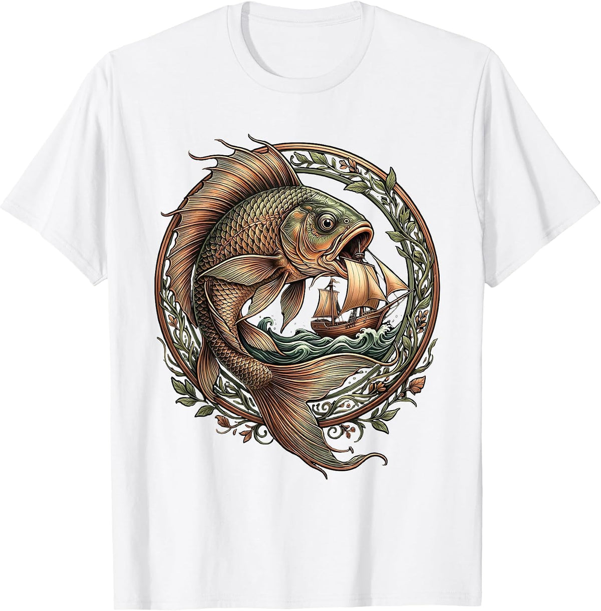 Men's Giant Fish Swallowing Boat Ocean Graphic T-Shirt - White