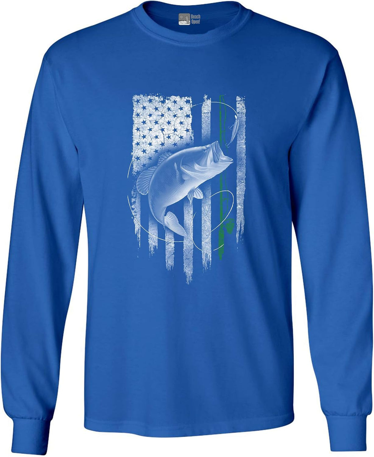 Long Sleeve Adult Tee Fish Hunting Fishing Rod American Flag USA DT - Royal Blue